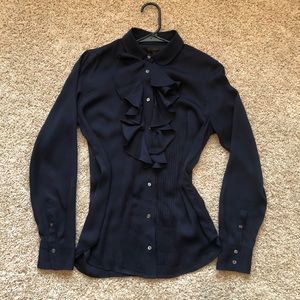 J. Crew Silk Navy Blue Blouse with Ruffles